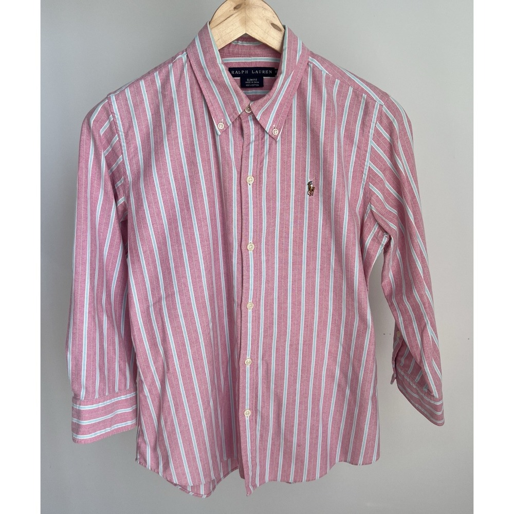 VINTAGE Ralph Lauren Polo Button Up Shirt Womens Pink Long Sleeve Sz 10 Slim Fit